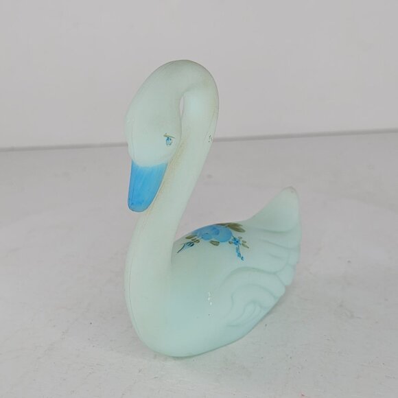 Fenton Satin Blue Glass Swan Blue Roses Satin Hand Painted Signed - Picture 2 of 8